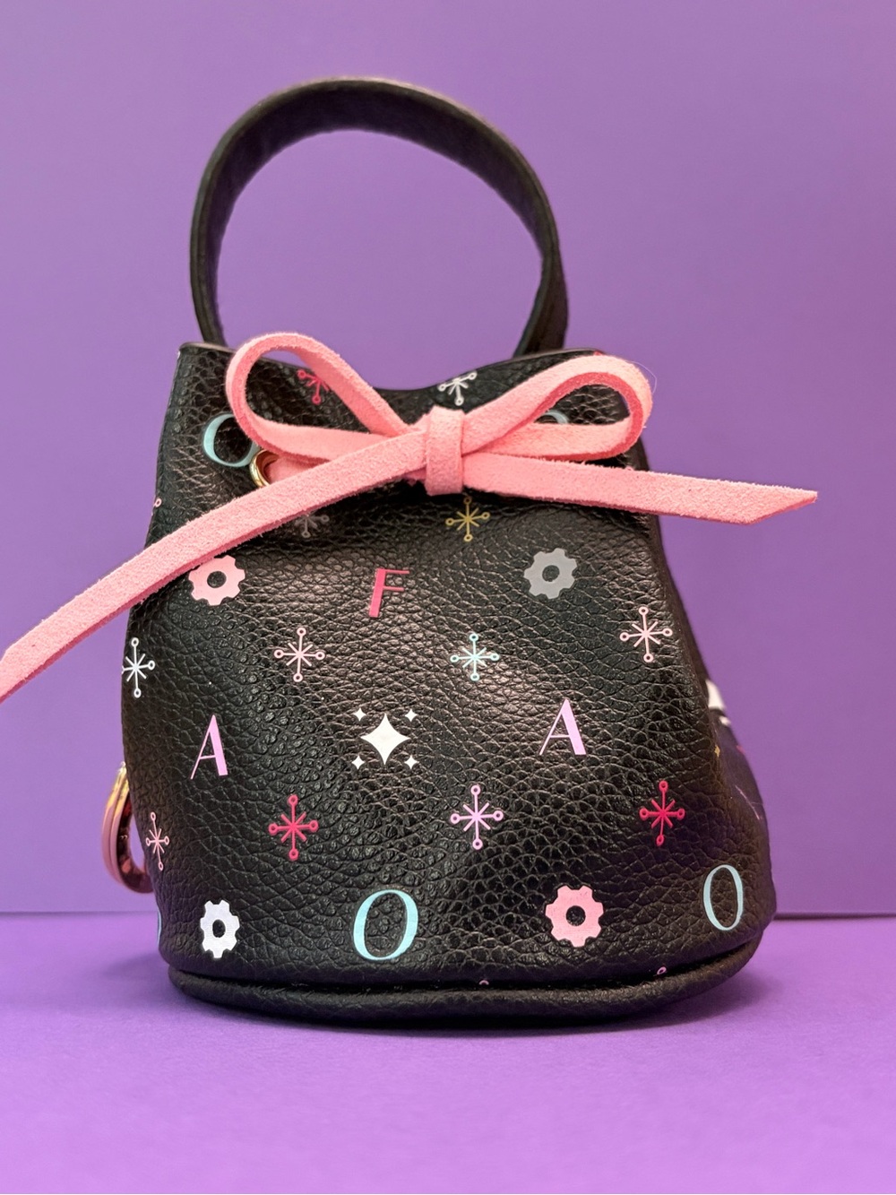 Collectible FAO Schwartz Black Mini Bow Drawstring Bag with Pink Tie